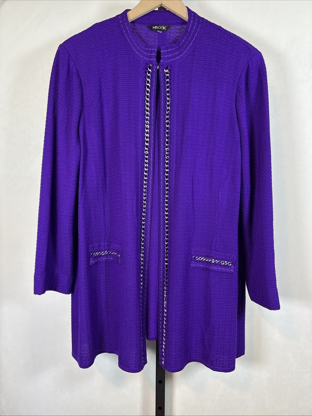 Misook Knit Cardigan Jacket Women's Large Purple Chain Trim Luxury Office Glam